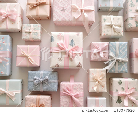 Sleek packaging. Gift boxes in pastel colors. Celebration, birthdays, Christmas and branding. Packaging. Top view. Sleek packaging. Gift boxes in pastel colors. Celebration, birthdays, Christmas and branding. Packaging. Top view. 133077626