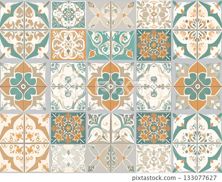 Sustainable construction focus. Texture of ceramic tiles with geometric patterns in beige color. English style. Building materials. Design mockup and background. Sustainable construction focus. Texture of ceramic tiles with geometric patterns in beige color. English style. Building materials. Design mockup and background. 133077627