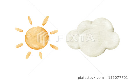 Bright yellow sun and soft white cloud. Isolated weather clipart. Watercolor illustration. Great for kids educational materials, children’s books, posters, nursery prints, and weather-themed projects. Bright yellow sun and soft white cloud. Isolated weather clipart. Watercolor illustration. Great for kids educational materials, children’s books, posters, nursery prints, and weather-themed projects. 133077701