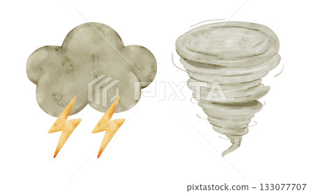 Dark thundercloud with lightning and spiral tornado. Watercolor isolated weather clipart. Set of meteorology and climate elements for kids lessons, preschool posters, worksheets, seasonal baby design. Dark thundercloud with lightning and spiral tornado. Watercolor isolated weather clipart. Set of meteorology and climate elements for kids lessons, preschool posters, worksheets, seasonal baby design. 133077707