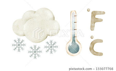 Snow cloud, thermometer, and temperature symbols Celsius and Fahrenheit. Watercolor isolated weather clipart. Set of meteorology and climate elements for kids lessons, preschool posters, worksheets. 133077708