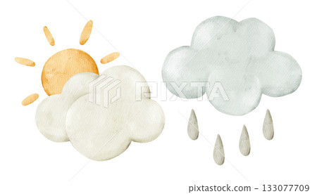 The sun behind cloud and rain cloud. Watercolor isolated weather clipart. Set of meteorology and climate elements for kids lessons, preschool posters, worksheets, and playful seasonal baby designs. 133077709