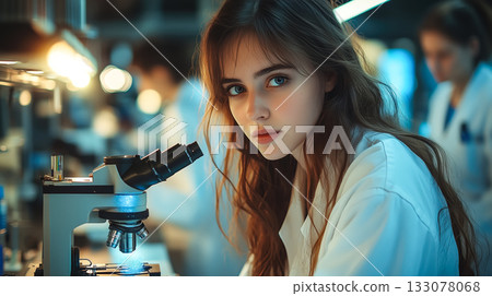 A scientist woman working hard to learn new things in a science lab. Generative Ai. 133078068