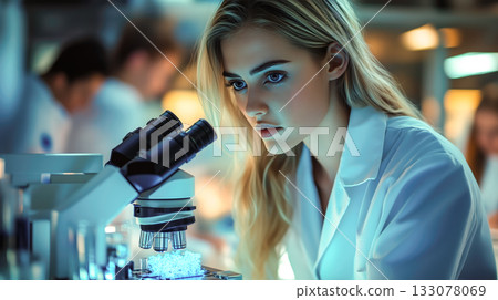 A scientist woman working hard to learn new things in a science lab. Generative Ai. 133078069