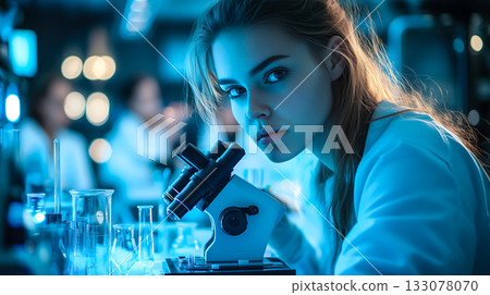 A scientist woman working hard to learn new things in a science lab. Generative Ai. A scientist woman working hard to learn new things in a science lab. Generative Ai. 133078070