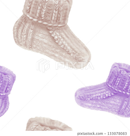 Beige and purple knitted socks in seamless pattern for World Prematurity Day awareness.Watercolor illustration for baby products,charity projects,medical campaigns,supportive social media content 133078083