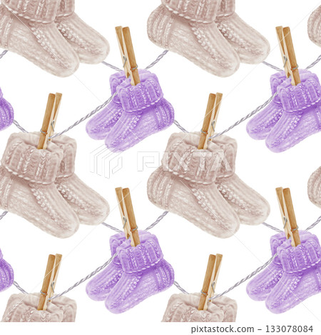 Tiny purple and beige knitted socks on a clothesline symbolizing premature babies birth.Watercolor illustration for World Prematurity Day awareness,neonatal support campaigns,heartfelt charity Tiny purple and beige knitted socks on a clothesline symbolizing premature babies birth.Watercolor illustration for World Prematurity Day awareness,neonatal support campaigns,heartfelt charity 133078084