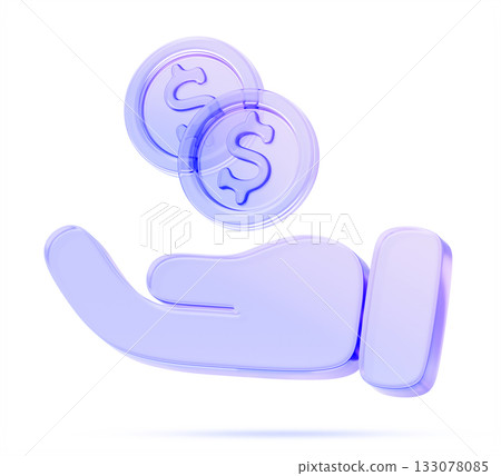 3d glass holographic hand holding dollar coin icon render. Financial growth, business success, earn and save. Concept of payment, transaction, financial donation, investment or credit. 3D illustration 133078085