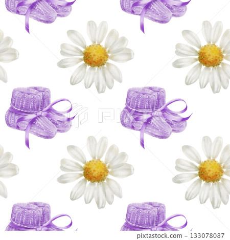 Symbol of World Prematurity Day-Purple knitted socks with ribbon,chamomile flowers symbolizing purity and childhood innocence.Watercolor seamless pattern for charity projects,social media 133078087