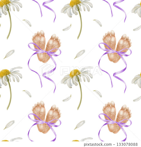 Premature baby feet tied with purple silk ribbon bow and chamomile flowers.Symbolic watercolor illustration for neonatal awareness,World Prematurity Day campaigns,and supportive charity projects Premature baby feet tied with purple silk ribbon bow and chamomile flowers.Symbolic watercolor illustration for neonatal awareness,World Prematurity Day campaigns,and supportive charity projects 133078088