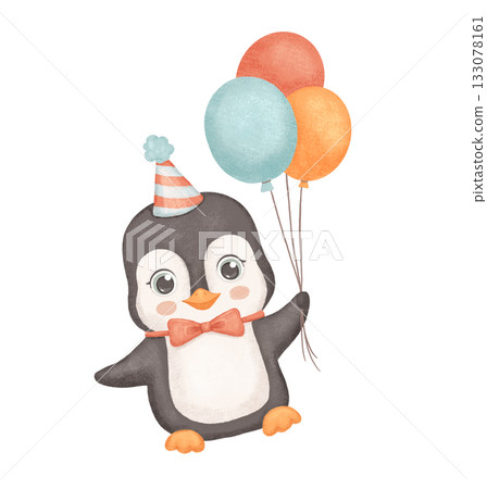 Penguin in party hat with balloons. Cute animal isolated on white background. Childish watercolor illustration Penguin in party hat with balloons. Cute animal isolated on white background. Childish watercolor illustration 133078161
