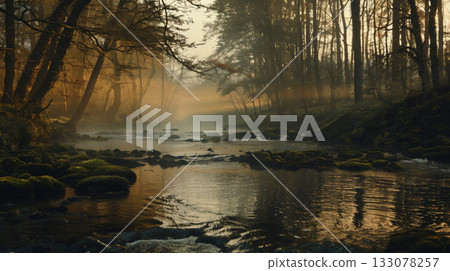 清晨薄霧籠罩著靜謐的林間溪流 133078257