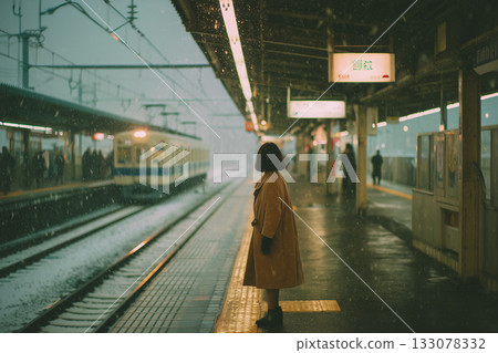 午後靜謐的車站，雨聲與火車隆隆駛過的聲音交織在一起。 133078332
