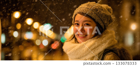 一個被白雪和燈光環繞的微笑夜晚 133078333