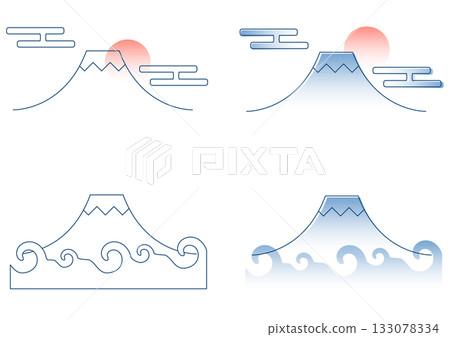 一套以新年為主題的日式設計圖案:日出、海浪、吉祥的雲朵和富士山。 一套以新年為主題的日式設計圖案:日出、海浪、吉祥的雲朵和富士山。 133078334
