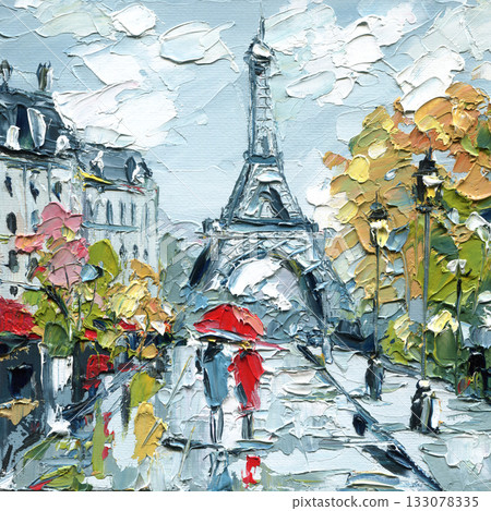 Paris street Eiffel Tower rainy day couple under red umbrella textured palette knife city landscape art, Impasto oil painting  133078335