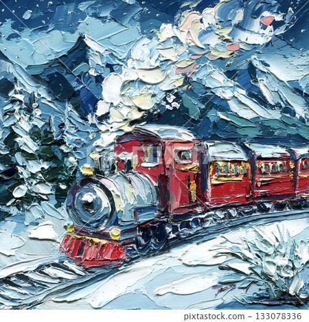 Impasto oil painting of red train in snowy mountain landscape winter night art textured brush strokes with steam and blue sky 133078336