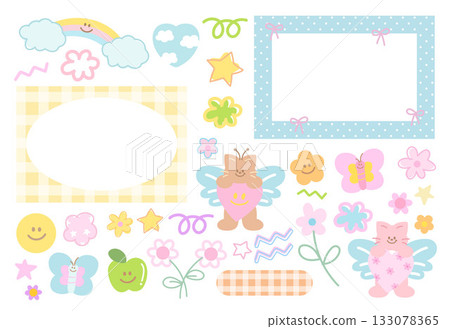 Cute pastel illustrations with cat, butterfly, rainbow, flowers, frames, heart, apple for animal, polaroid photo, ad template, stickers, nature, garden, floral print, cartoon characters, mascot, fruit 133078365