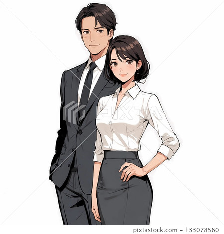 Male and female office workers in suits (white background, anime style) 133078560