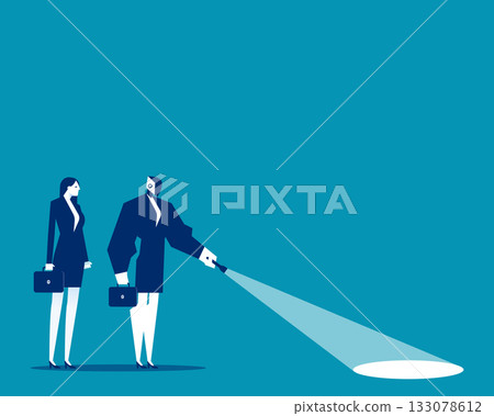 Robot. Artificial intelligence with flashlight leading and human Robot. Artificial intelligence with flashlight leading and human 133078612