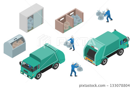 等距插圖:一組垃圾車和垃圾場 等距插圖:一組垃圾車和垃圾場 133078804