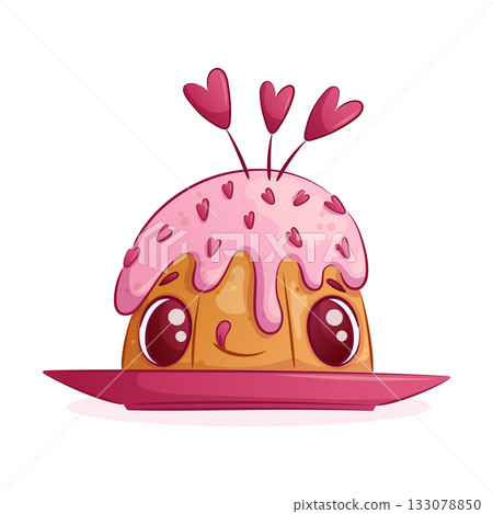 Cute cupcake decorated with hearts on a white background. A smiling character. The concept of love, Valentine's day. Isolated cartoon vector illustration for the design of postcard, textile, sticker Cute cupcake decorated with hearts on a white background. A smiling character. The concept of love, Valentine's day. Isolated cartoon vector illustration for the design of postcard, textile, sticker 133078850
