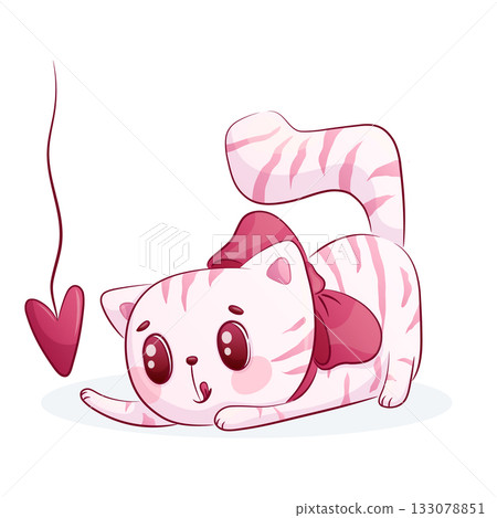 Cute playful cat on a white background. The concept of lovers, Valentine's day. Isolated cartoon children's vector illustration for the design of postcards, postcards for printing, textiles, stickers Cute playful cat on a white background. The concept of lovers, Valentine's day. Isolated cartoon children's vector illustration for the design of postcards, postcards for printing, textiles, stickers 133078851