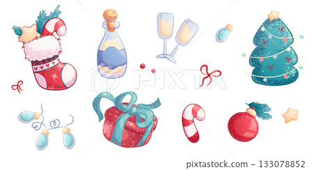 A set of Christmas and New Year holiday elements on a white background. Christmas tree, gift, champagne, garland. Isolated vector illustration for the design of postcards, banners, textiles, posters 133078852