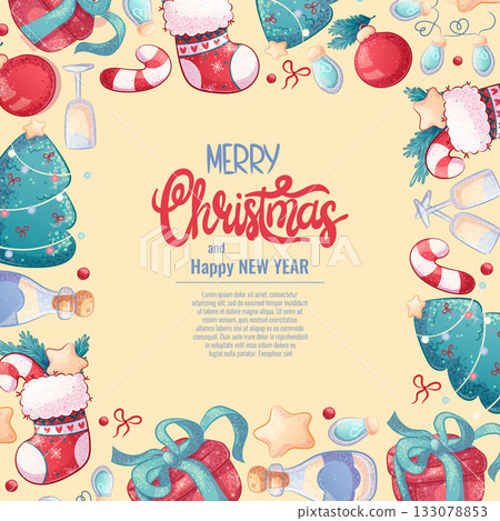 A colorful background for an invitation or greeting card for Christmas and new year. Gift box, Christmas tree, candy cane, garlandVector illustration for the design of postcard, banner, poster A colorful background for an invitation or greeting card for Christmas and new year. Gift box, Christmas tree, candy cane, garlandVector illustration for the design of postcard, banner, poster 133078853