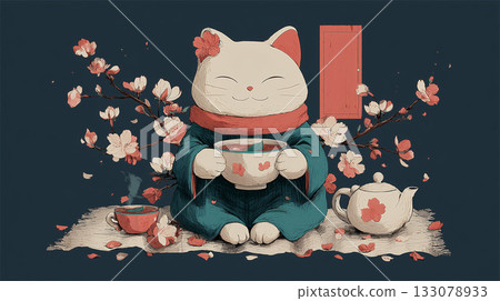 一隻穿著和服的貓在櫻花環繞中喝茶的角色插畫。 133078933