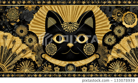 一幅精美絕倫的黑色貓臉特寫，採用裝飾藝術風格，周圍環繞著金色扇子和鮮花。 133078939