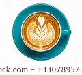 Cafe latte in a blue cup with heart-shaped latte art 133078952