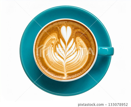 Cafe latte in a blue cup with heart-shaped latte art Cafe latte in a blue cup with heart-shaped latte art 133078952