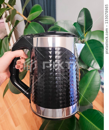 Hand Holds a Stylish Kettle Near Plant 133078985