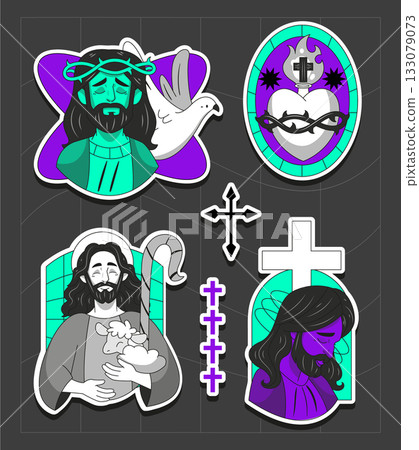Stylized Jesus holding a lamb with radiant aura and modern colors 133079073