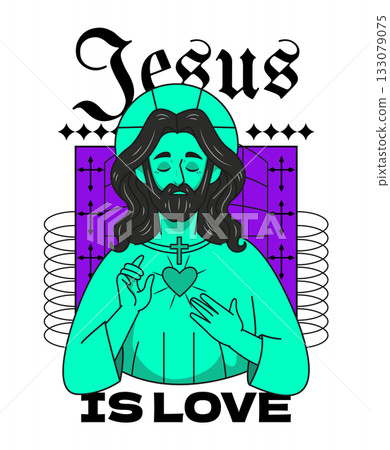 Flat composition showing Jesus with sacred heart and eucharist cup 133079075