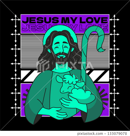 Jesus sacred heart and faith symbols on Christian religious poster 133079078