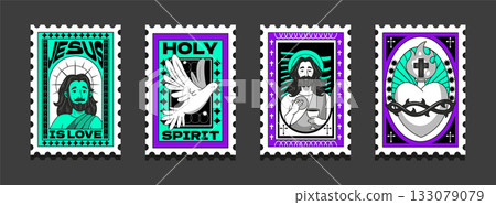 Hand drawn holy set featuring sacred heart cross dove and Christ 133079079