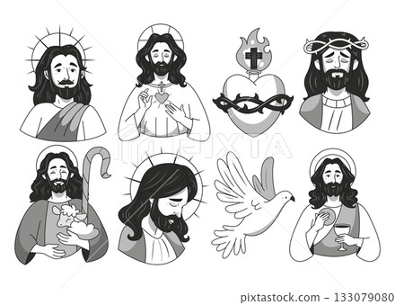 Set of religious symbols and Jesus scenes on seamless flat pattern 133079080