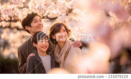 A family enjoying cherry blossom viewing in a park in spring 133079129