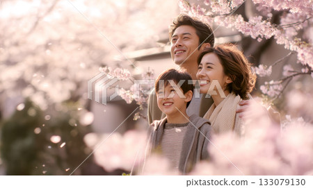 A family enjoying cherry blossom viewing in a park in spring 133079130