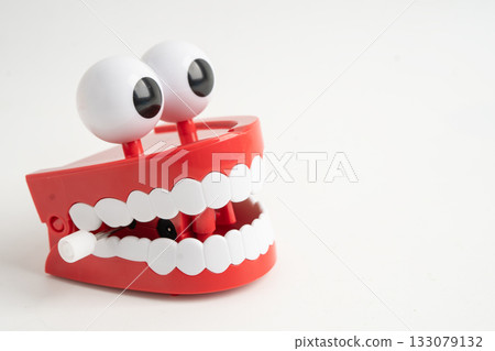 Funny red teeth with eye toy denture model for dental health care. Funny red teeth with eye toy denture model for dental health care. 133079132