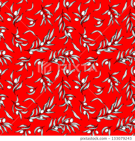 Seamless pattern of olive branch with berries and leaves. Hand drawn line art illustration. Red background with the symbol of Italy or Greek. Outline print for fabric, textile, wallpaper Seamless pattern of olive branch with berries and leaves. Hand drawn line art illustration. Red background with the symbol of Italy or Greek. Outline print for fabric, textile, wallpaper 133079243
