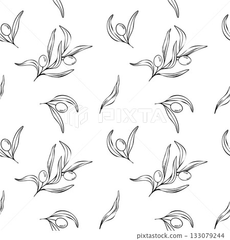 Seamless pattern of olive branch with berries and leaves. Hand drawn vector line art illustration. Black and white drawing background of the symbol of Italy or Greek. Outline print for fabric, textile Seamless pattern of olive branch with berries and leaves. Hand drawn vector line art illustration. Black and white drawing background of the symbol of Italy or Greek. Outline print for fabric, textile 133079244