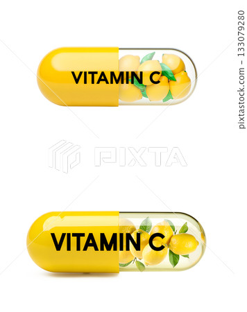 Transparent vitamin c capsule filled with fresh lemon slices and juice, illustrating natural health supplements and immunity boost 133079280