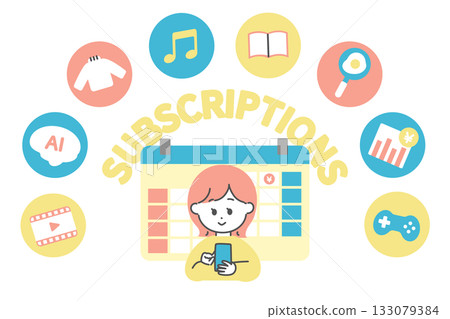 A young woman using various subscriptions, apps, and services. A young woman using various subscriptions, apps, and services. 133079384
