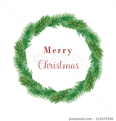 Christmas watercolor round wreath of spruce branches. Winter wreath of green conifer branches, traditional holiday decor. Christmas background for greeting cards. Round frame with space for text. Christmas watercolor round wreath of spruce branches. Winter wreath of green conifer branches, traditional holiday decor. Christmas background for greeting cards. Round frame with space for text. 133079390