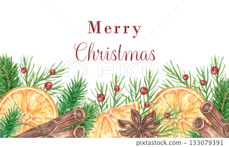 Watercolor Christmas horizontal banner. Winter border of fir branches, with slices of orange, berries, cinnamon, and anise. Hand-drawn illustration. Perfect for banners, postcard templates 133079391
