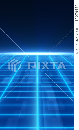 Futuristic glowing blue grid floor extending into dark space horizon Futuristic glowing blue grid floor extending into dark space horizon 133079453