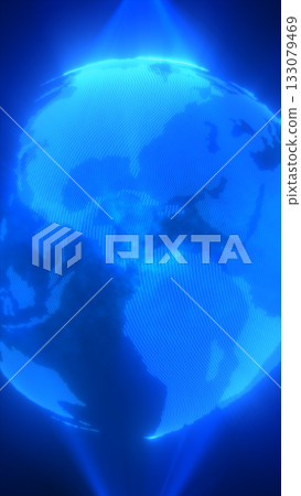 Futuristic glowing blue globe with pixelated continents illuminated in dark space Futuristic glowing blue globe with pixelated continents illuminated in dark space 133079469